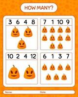 How many counting game with jack o' lantern. worksheet for preschool kids, kids activity sheet vector
