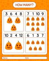 How many counting game with jack o' lantern. worksheet for preschool kids, kids activity sheet vector