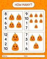 How many counting game with jack o' lantern. worksheet for preschool kids, kids activity sheet vector