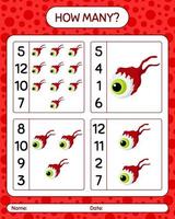 How many counting game with eyeball. worksheet for preschool kids, kids activity sheet vector