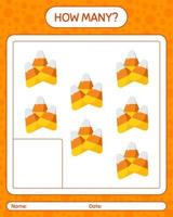 How many counting game with candy corn. worksheet for preschool kids, kids activity sheet vector