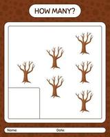 How many counting game with tree. worksheet for preschool kids, kids activity sheet vector