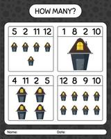 How many counting game with house. worksheet for preschool kids, kids activity sheet vector