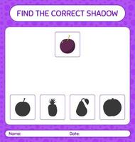 encuentra el juego de sombras correcto con ciruela. hoja de trabajo para niños en edad preescolar, hoja de actividades para niños vector