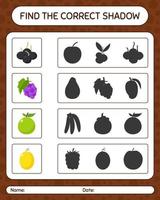 encuentra el juego de sombras correcto con frutas. hoja de trabajo para niños en edad preescolar, hoja de actividades para niños vector