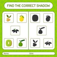 encuentra el juego de sombras correcto con frutas. hoja de trabajo para niños en edad preescolar, hoja de actividades para niños vector