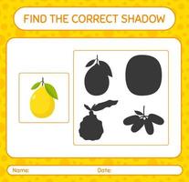 Find the correct shadows game with lemon. worksheet for preschool kids, kids activity sheet vector