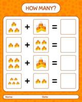 How many counting game with candy corn. worksheet for preschool kids, kids activity sheet vector