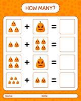 How many counting game with jack o' lantern. worksheet for preschool kids, kids activity sheet vector