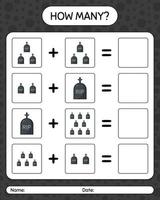 How many counting game with tombstone. worksheet for preschool kids, kids activity sheet vector