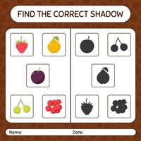 encuentra el juego de sombras correcto con frutas. hoja de trabajo para niños en edad preescolar, hoja de actividades para niños vector