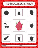 encuentra el juego de sombras correcto con dragonfruit. hoja de trabajo para niños en edad preescolar, hoja de actividades para niños vector