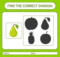 encuentra el juego de sombras correcto con pera. hoja de trabajo para niños en edad preescolar, hoja de actividades para niños vector