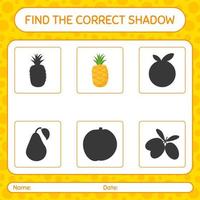 Find the correct shadows game with pineapple. worksheet for preschool kids, kids activity sheet vector