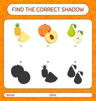 encuentra el juego de sombras correcto con frutas. hoja de trabajo para niños en edad preescolar, hoja de actividades para niños vector