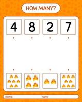 How many counting game with candy corn. worksheet for preschool kids, kids activity sheet vector