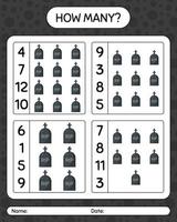 How many counting game with tombstone. worksheet for preschool kids, kids activity sheet vector