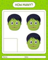 How many counting game with zombie. worksheet for preschool kids, kids activity sheet vector