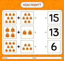 How many counting game with jack o' lantern. worksheet for preschool kids, kids activity sheet vector