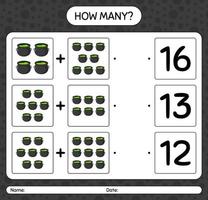 How many counting game with cauldron. worksheet for preschool kids, kids activity sheet vector