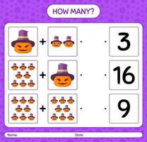 How many counting game with jack o' lantern. worksheet for preschool kids, kids activity sheet vector