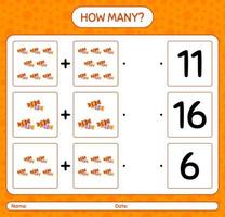 How many counting game with candy. worksheet for preschool kids, kids activity sheet vector