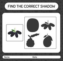 Find the correct shadows game with jambolan. worksheet for preschool kids, kids activity sheet vector