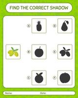 Find the correct shadows game with olive. worksheet for preschool kids, kids activity sheet vector