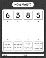 How many counting game with bat. worksheet for preschool kids, kids activity sheet vector