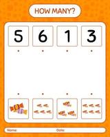 How many counting game with candy. worksheet for preschool kids, kids activity sheet vector