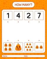 How many counting game with jack o' lantern. worksheet for preschool kids, kids activity sheet vector