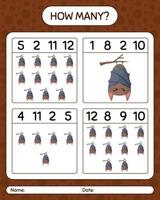 How many counting game with bat. worksheet for preschool kids, kids activity sheet vector