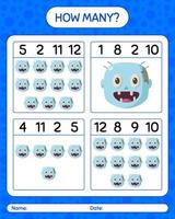 How many counting game with zombie. worksheet for preschool kids, kids activity sheet vector