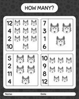 How many counting game with wolf. worksheet for preschool kids, kids activity sheet vector