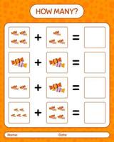 How many counting game with candy. worksheet for preschool kids, kids activity sheet vector
