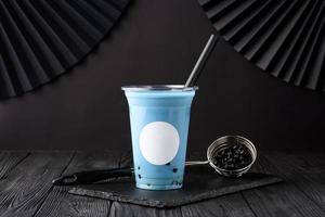 Taiwan milk tea with bubble on wood background photo