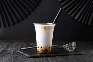 Taiwan milk tea with bubble on wood background photo