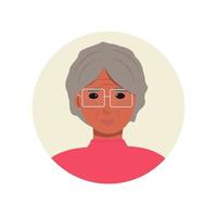 avatar is an elderly gray-haired African-American woman with glasses. An adult woman, a little dog. Cute character for social advertising. Profile for chatbot, forum, support. Vector illustration