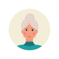 the avatar is an elderly gray-haired pensioner. Adult woman with a bun of hair and wrinkles. Nice character for social advertising. Chatbot profile, forum, support. Vector illustration