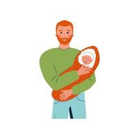 happy redhead bearded man holding a newborn baby in his arms. Isolated image for design of fathers day cards, forums about parenting by men. Vector illustration, flat