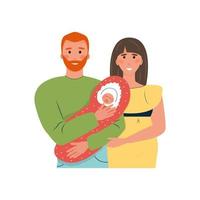 Traditional family. Smiling parents. Mom in a dress, bearded dad, newborn baby with a pacifier. Great design for any purpose. Family care. Vector illustration, flat.