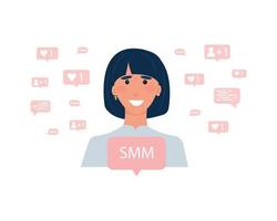 social media marketing manager girl. An active girl gets feedback from subscribers. For forums, advertising and media vacancies. Vector illustration, flat