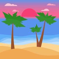 Sunset on the island. Palm trees on the sand against the backdrop of the sea and the setting sun. Relax on the beach at night. Evening by the ocean. Cute quick illustration. Vector, flat vector