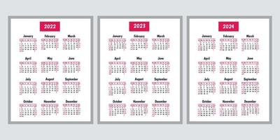 Conjunto de calendario 2022. colección de plantillas vectoriales. diseño simple para decorar calendarios de pared, planeadores. semana comienza el domingo. se enumeran los días festivos en los Estados Unidos. ilustración vectorial