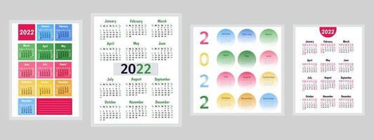 2022 calendar set. Collection of vector templates. Simple design for decorating wall calendars, gliders. Week starts on Sunday. Holidays in the United States are listed. Vector illustration