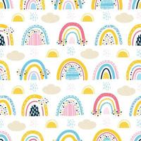 cute seamless pattern with baby rainbows, clouds, sun, rain. Stylized child's drawing. Design for scrapbooking, fabrics for baby clothes and bedding. Vector illustration drawn by hands