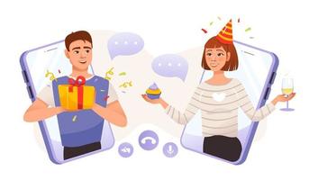 Online internet party concept. People celebrate with videos through an online application. Happy Birthday.  Holidays during the period of self-isolation. Cartoon vector illustration.