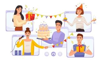 Holiday party online concept. People communicate via video through an online application.  Happy Birthday. Online celebration. Holidays in the period of self-isolation. Cartoon vector illustration