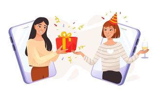 Holiday party online concept. The girls communicate via video through an online application.  Happy birthday. Online celebration. Holidays in the period of self-isolation. Cartoon vector illustration.
