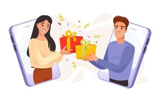 Online celebration. A girl and a guy give gifts online. Online congratulations. Holidays in the period of self-isolation. Concept. Cartoon vector illustration.